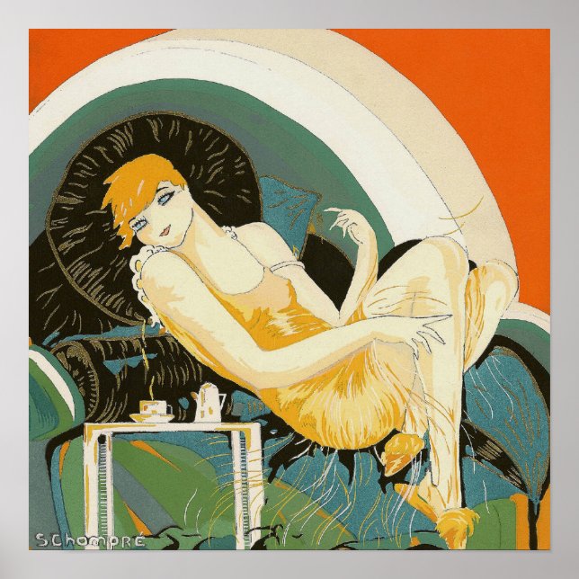 Femme Art Déco vintage sur canapé, Chompre (Devant)