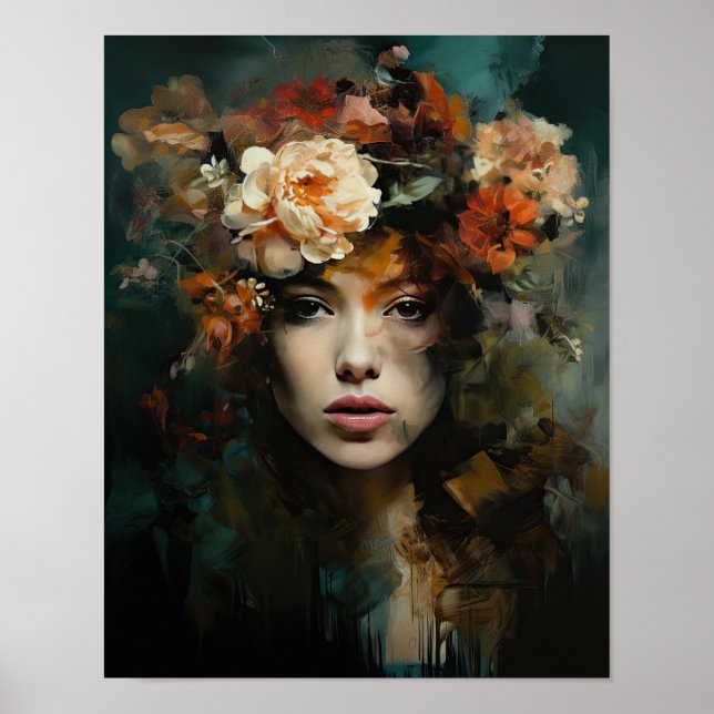 Femme avec affiche d'art de tête de fleur (Devant)