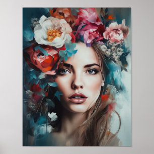 Femme avec affiche d'art de tête de fleur