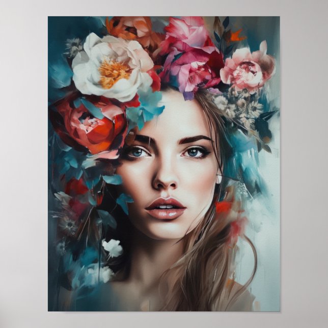 Femme avec affiche d'art de tête de fleur (Devant)
