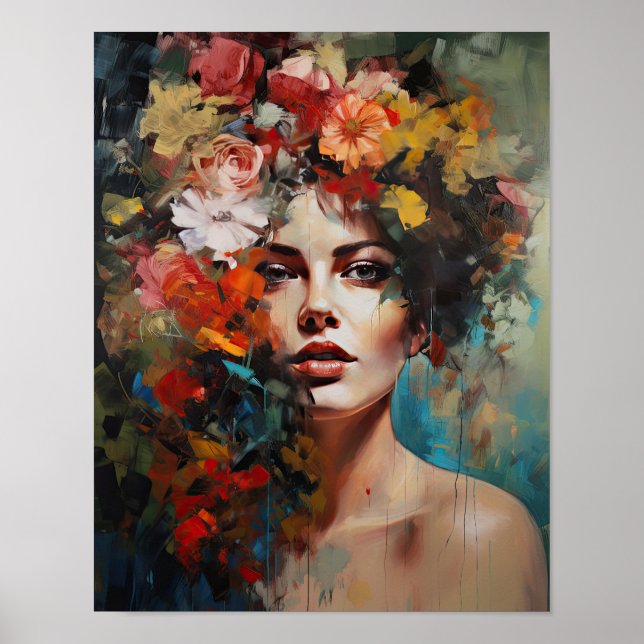 Femme avec affiche d'art de tête de fleur (Devant)