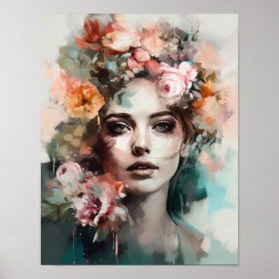 Femme avec affiche d'art de tête de fleur