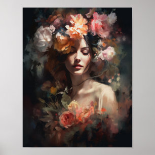 Femme avec affiche d'art de tête de fleur