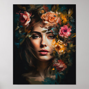 Femme avec affiche d'art de tête de fleurs