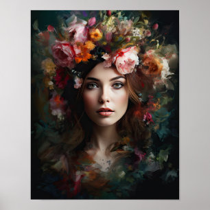Femme avec affiche d'art de tête de fleurs