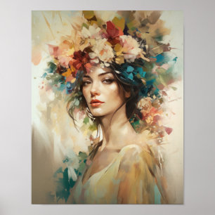 Femme avec affiche d'art de tête de fleurs