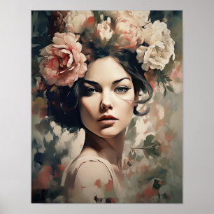 Femme avec affiche de l'art de la tête de fleur