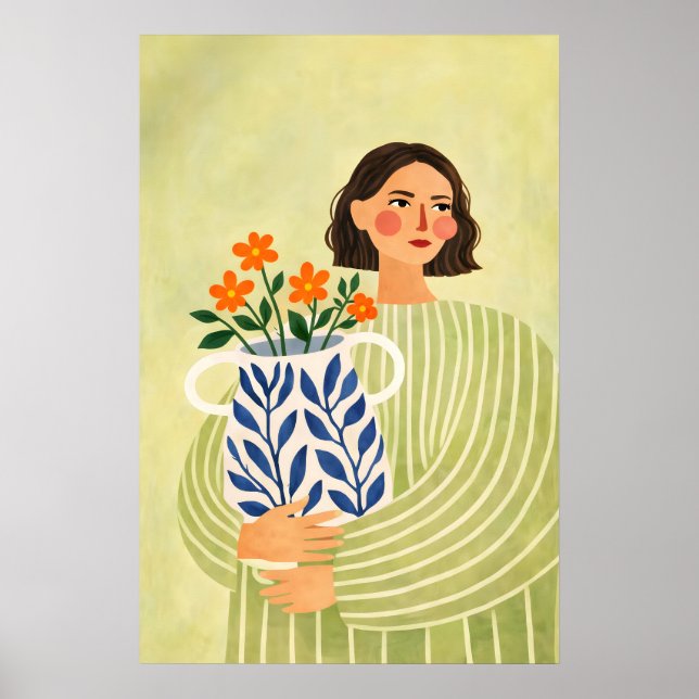 Femme avec affiche de vase, portrait botanique mod (Devant)