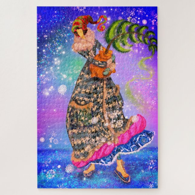 Femme avec arbre de Noël Puzzle peint (Vertical)