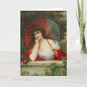Femme Avec Carte De Voeux Parasol