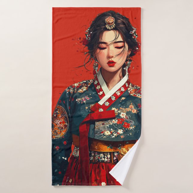 Femme coréenne moderne en portrait de Hanbok  (Serviette de bain)