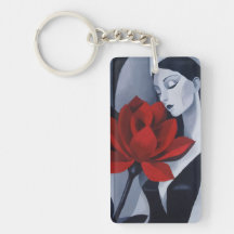 Femme d'art moderne avec rose rouge porte-clés en