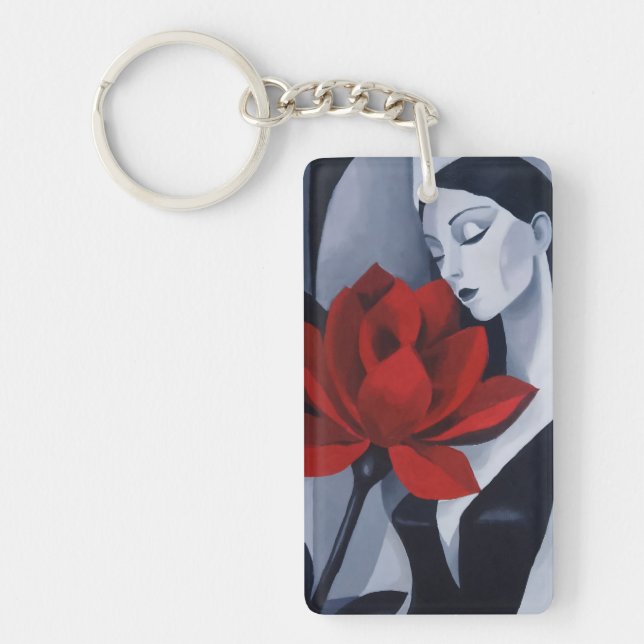 Femme d'art moderne avec rose rouge porte-clés en  (Devant)