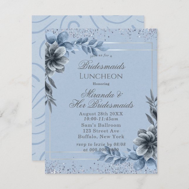 Femme d'honneur Dusty Blue Floral Invitations de d (Devant / Derrière)