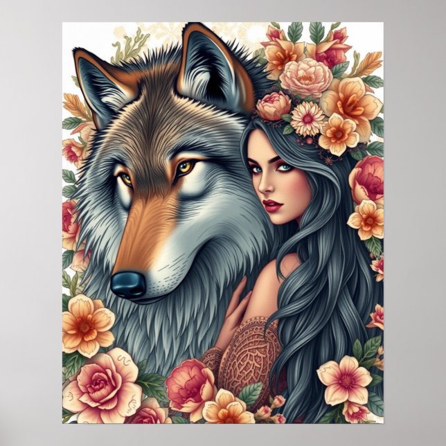 Femme Élégante avec Loup & Fleurs Affiche (Devant)