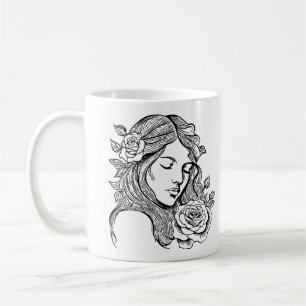 Femme élégante noire et blanche avec tasse de fleu