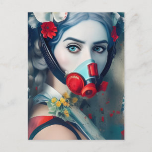 Femme en masque à gaz et carte postale de fleurs