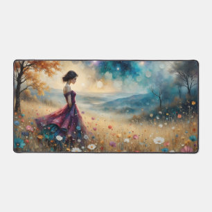 Femme en robe colorée sur une colline de fleurs