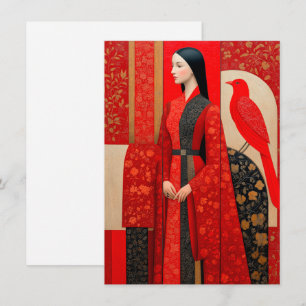 Femme en robe fleurie rouge & un oiseau rouge