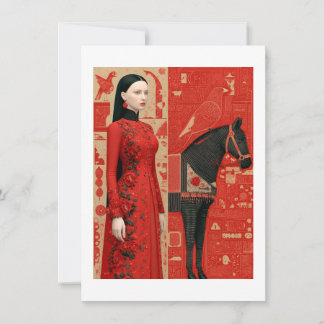 Femme en robe rouge fleurie & cheval noir