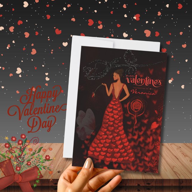 Femme en Robe Rouge Valentines Carte de Jour (Woman in Red Dress Valentines Day Card)