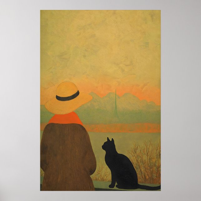 Femme et chat noir Giclée Impression Sérénité Mini (Devant)