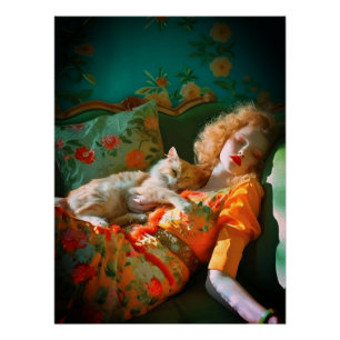 Femme et Chat Vintage - Art mural floral romantiqu