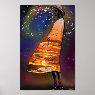 Femme et oiseaux Art Coucher de soleil Affiche Imp