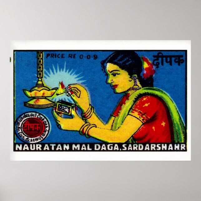 Femme indienne allumant une lampe - Impression de  (Devant)