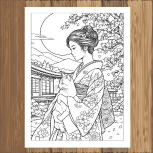Femme japonaise avec affiche de coloriage de chat