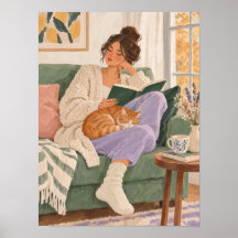 Femme lisant avec un chat en automne – Affiche