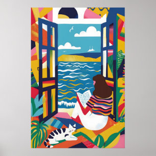 Femme lisant par l'art de la mer Impression Coloré
