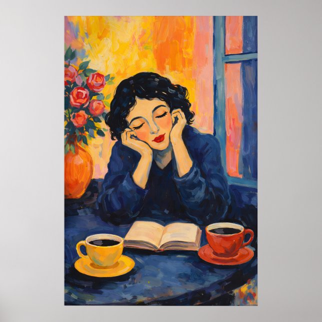 Femme lisant une affiche de café, impressionniste  (Devant)