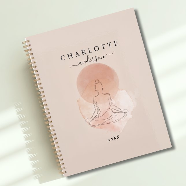 Femme méditant en art linéaire minimal (Minimal Line Art Meditating Woman Custom Planner with your Name or Text.)