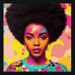 Femme noire colorée Afro Pop Art<br><div class="desc">Cette oeuvre d'art pop-art présente une belle femme noire avec une grande afro, les années 70 esthétique avec un peu de puissance de fleur et boucles d'oreilles. Une beauté mélanine vibrante avec des cheveux naturels dans une pièce d'art numérique multicolore et audacieuse. Le cyan, le magenta rose et le jaune...</div>