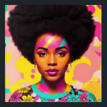 Femme noire colorée Afro Pop Art<br><div class="desc">Cette oeuvre d'art pop-art présente une belle femme noire avec une grande afro, les années 70 esthétique avec un peu de puissance de fleur et boucles d'oreilles. Une beauté mélanine vibrante avec des cheveux naturels dans une pièce d'art numérique multicolore et audacieuse. Le cyan, le magenta rose et le jaune...</div>