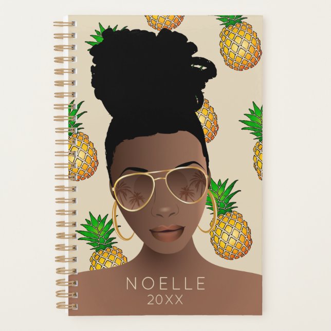 Femme noire, Couleurs or, Motif ananas, Beige (Devant)