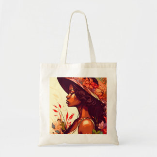 Femme noire dans le sac à pieds du jardin fleuri