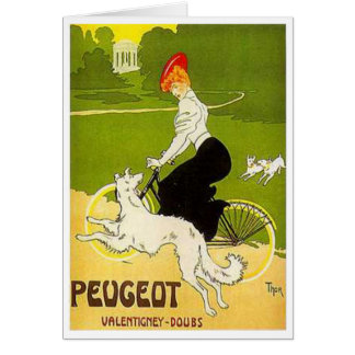 Femme Peugeot vintage à vélo avec le chien Runnin