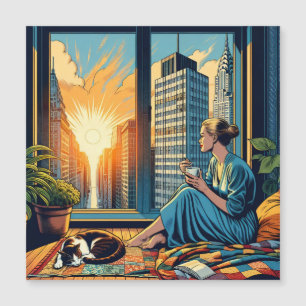 Femme regardant par la fenêtre boire du café