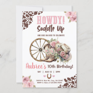 Femme, selle, howdy, invitation d'anniversaire de 