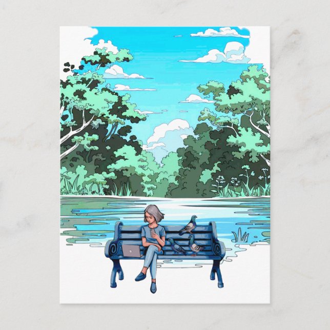 Femme sur banc avec Pigeons Design Carte postale (Devant)