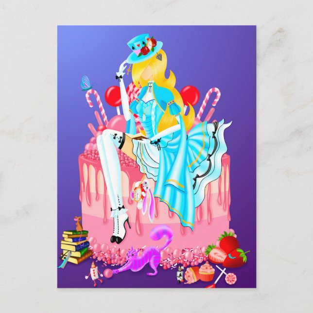 Femme sur carte postale de gâteau d'anniversaire (Devant)