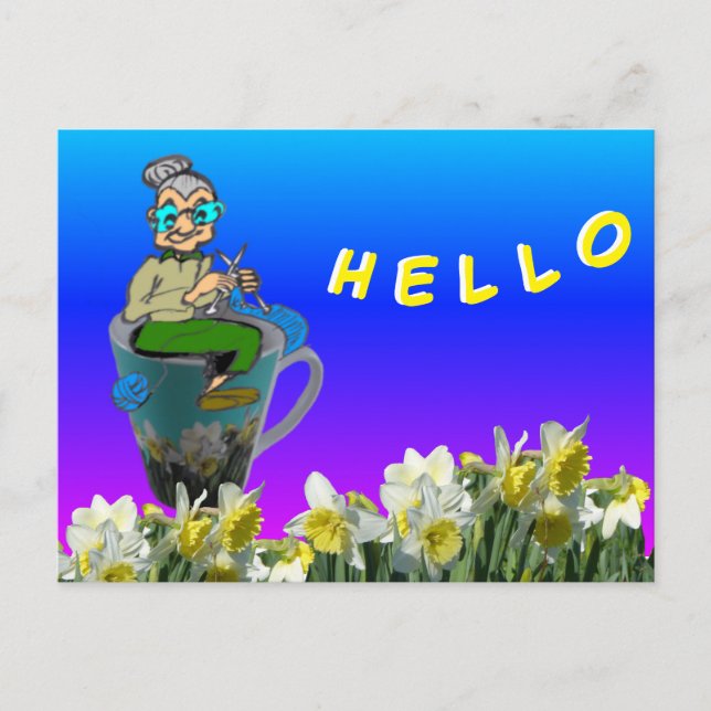 Femme tricot sur Daffodils Mug HELLO Carte postale (Devant)