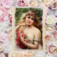 Femme victorienne avec carte postale rose Roses