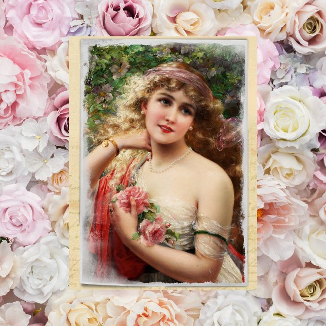 Femme victorienne avec carte postale rose Roses (Créateur téléchargé)