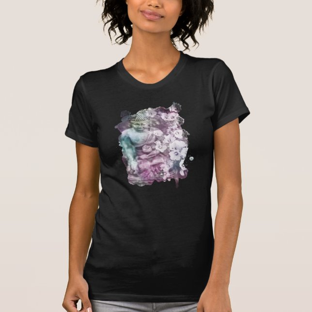 *~* Femmes Zen Bouddha Fleurs Pastel Black T-shirt (Devant)