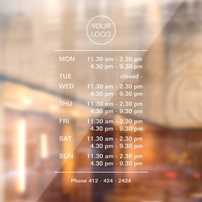 Fenêtre Autocollant pour vitrine d'horaires d'ouverture co (Modern, minimalist window cling with complex business hours, logo and phone number in white.)