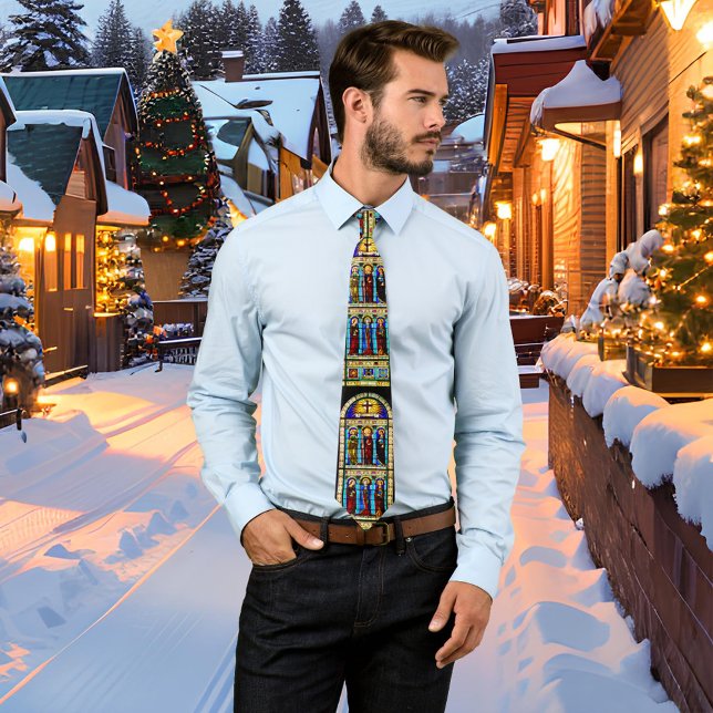 Fenêtre de l'église en verre tendu Cravate de Noël (Tie featuring an image of a stained glass church window. Great as a Christmas gift)