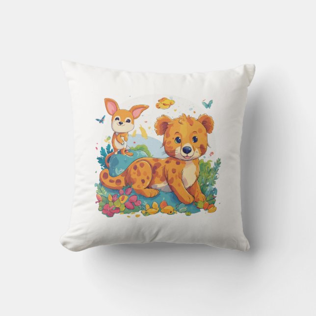 Fennec Fox & Kangaroo Cartoon Coussin (Recto)